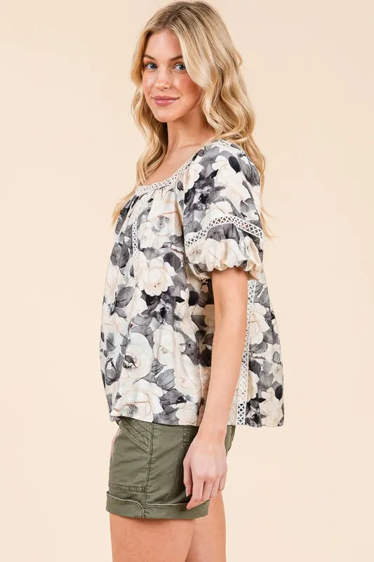 Floral Print Lace Trim Puff Sleeve Blouse -