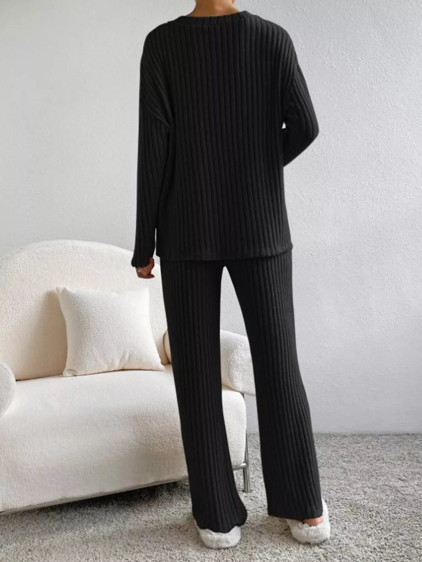 Ribbed Knit V-Neck Top and Pants Set -