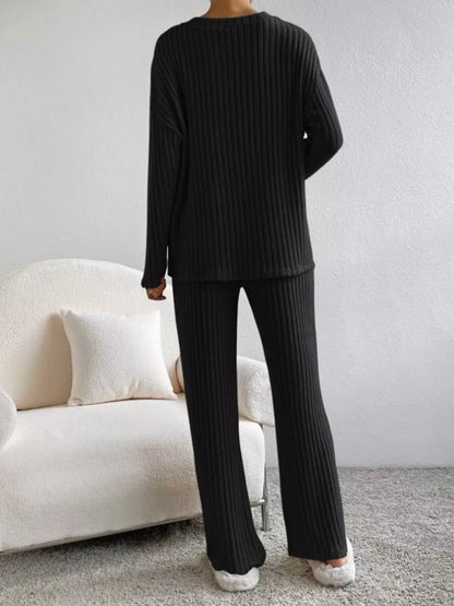 Ribbed Knit V-Neck Top and Pants Set -
