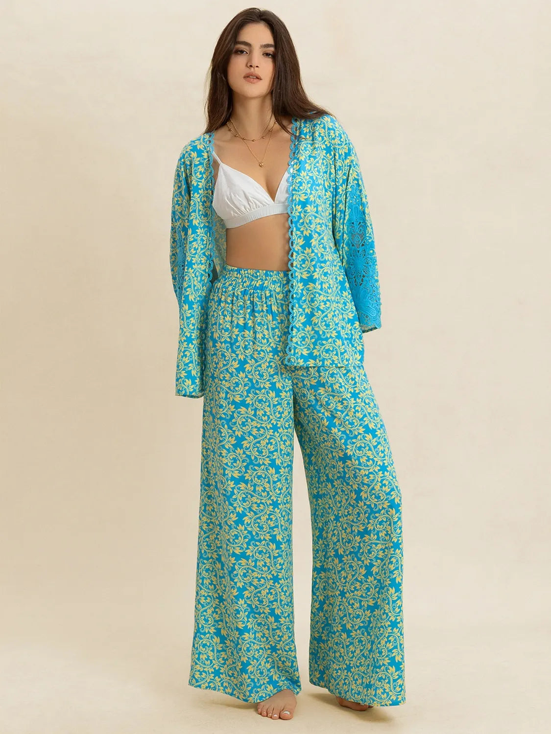 Open Front Printed Top and Pants Set - Teal