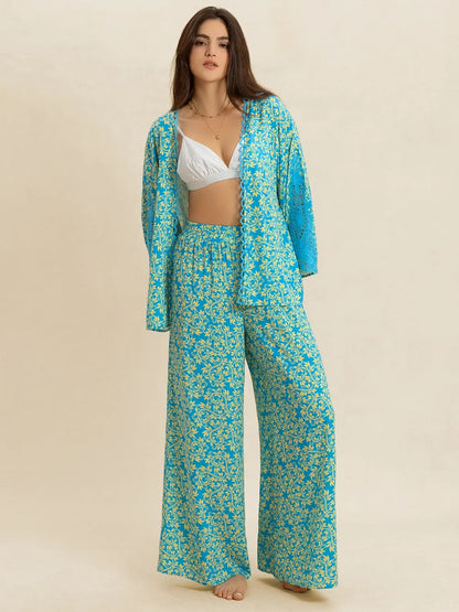 Open Front Printed Top and Pants Set - Teal