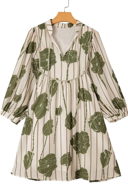 Printed Tie Neck Balloon Sleeve Dress -