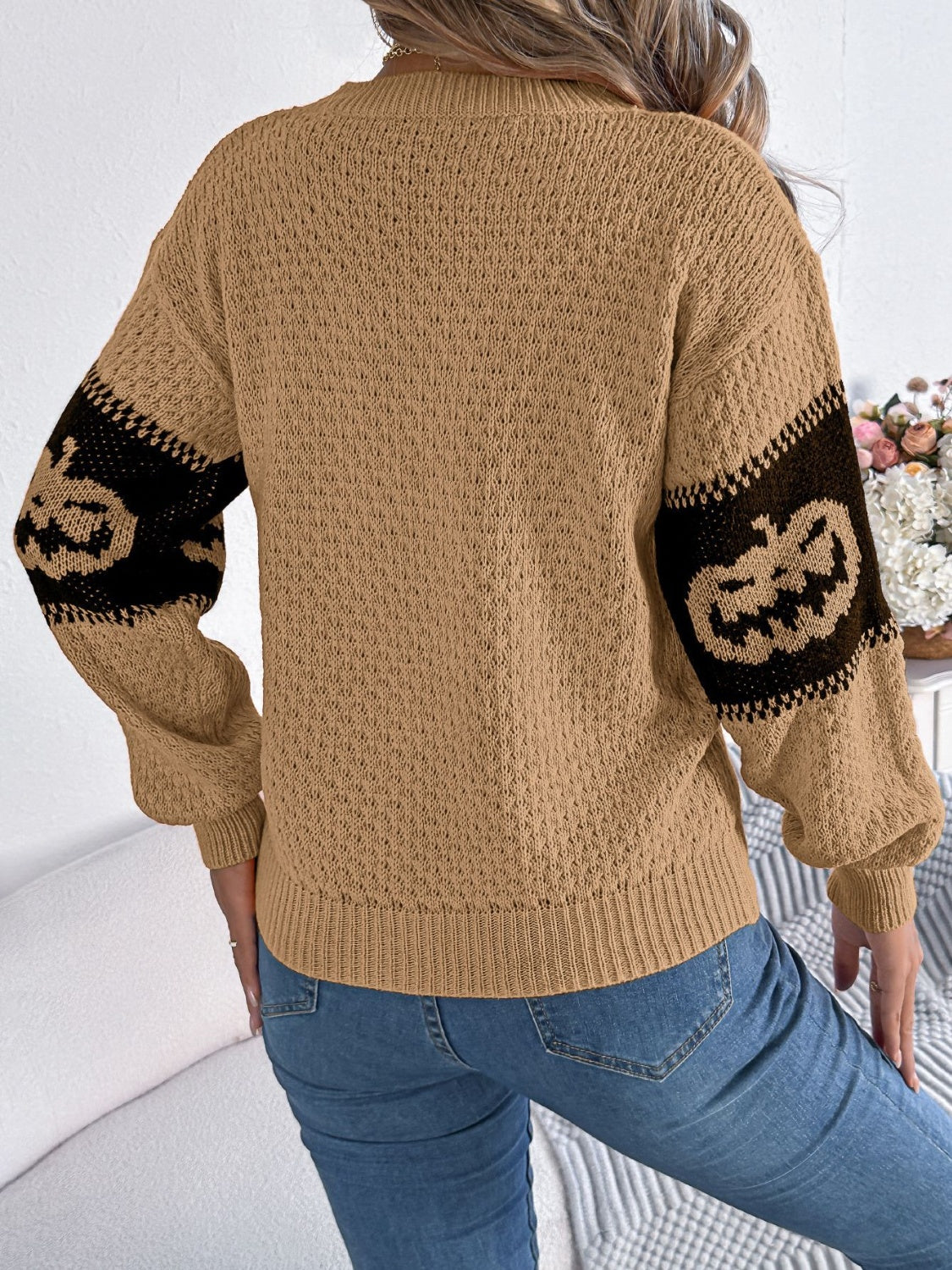 Pumpkin Round Neck Long Sleeve Sweater - Camel