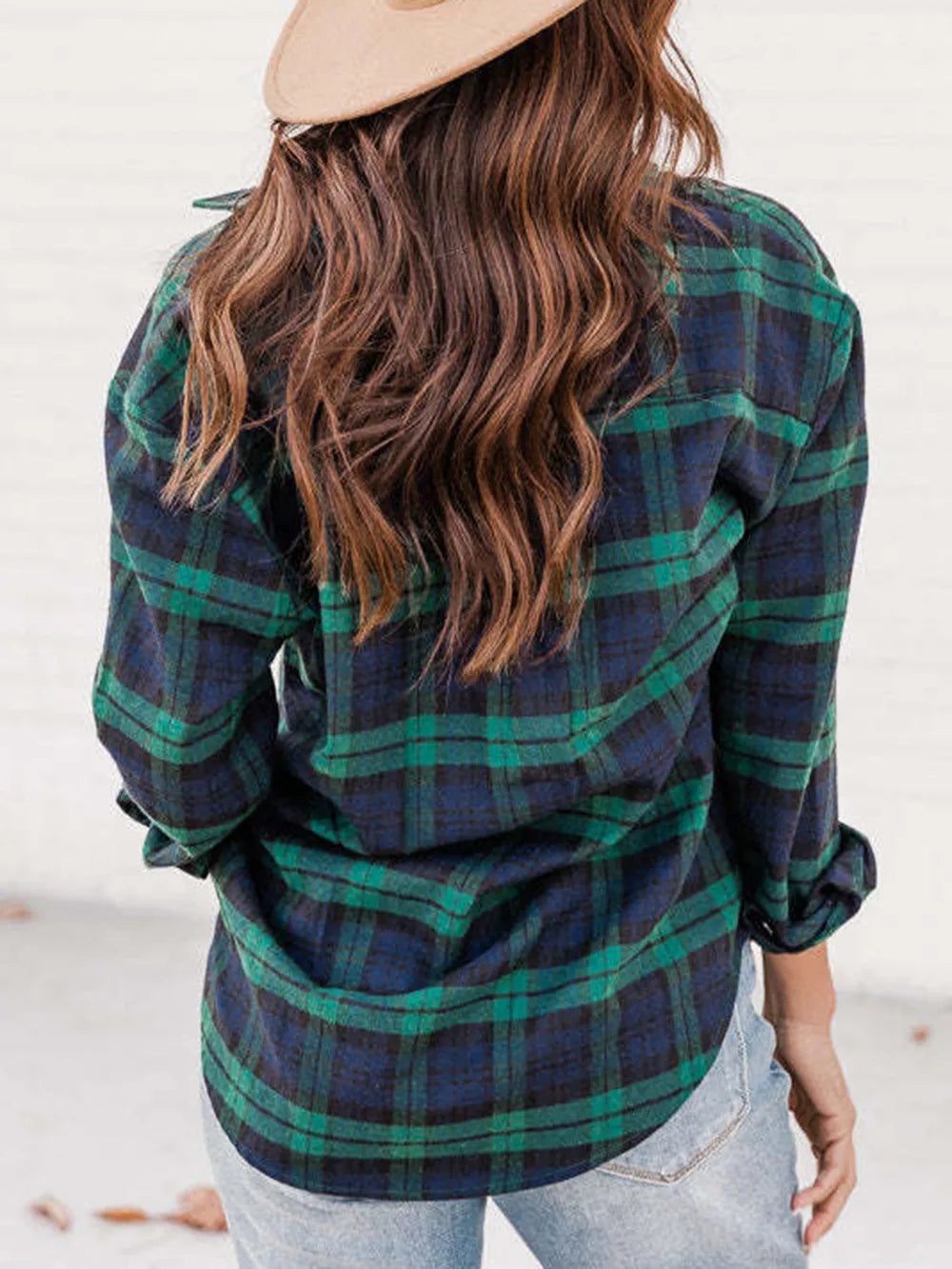 Plaid Collared Neck Long Sleeve Shirt - Deep Teal