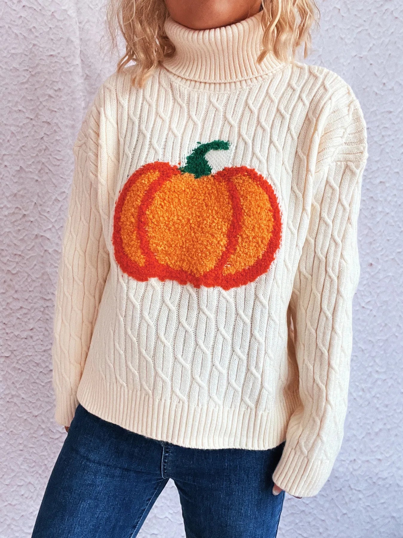 Pumpkin Turtleneck Long Sleeve Sweater - White One Size
