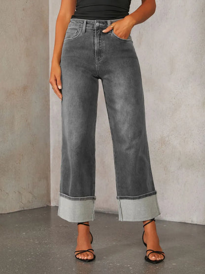 High Waisted Straight Leg Rolled Jeans -