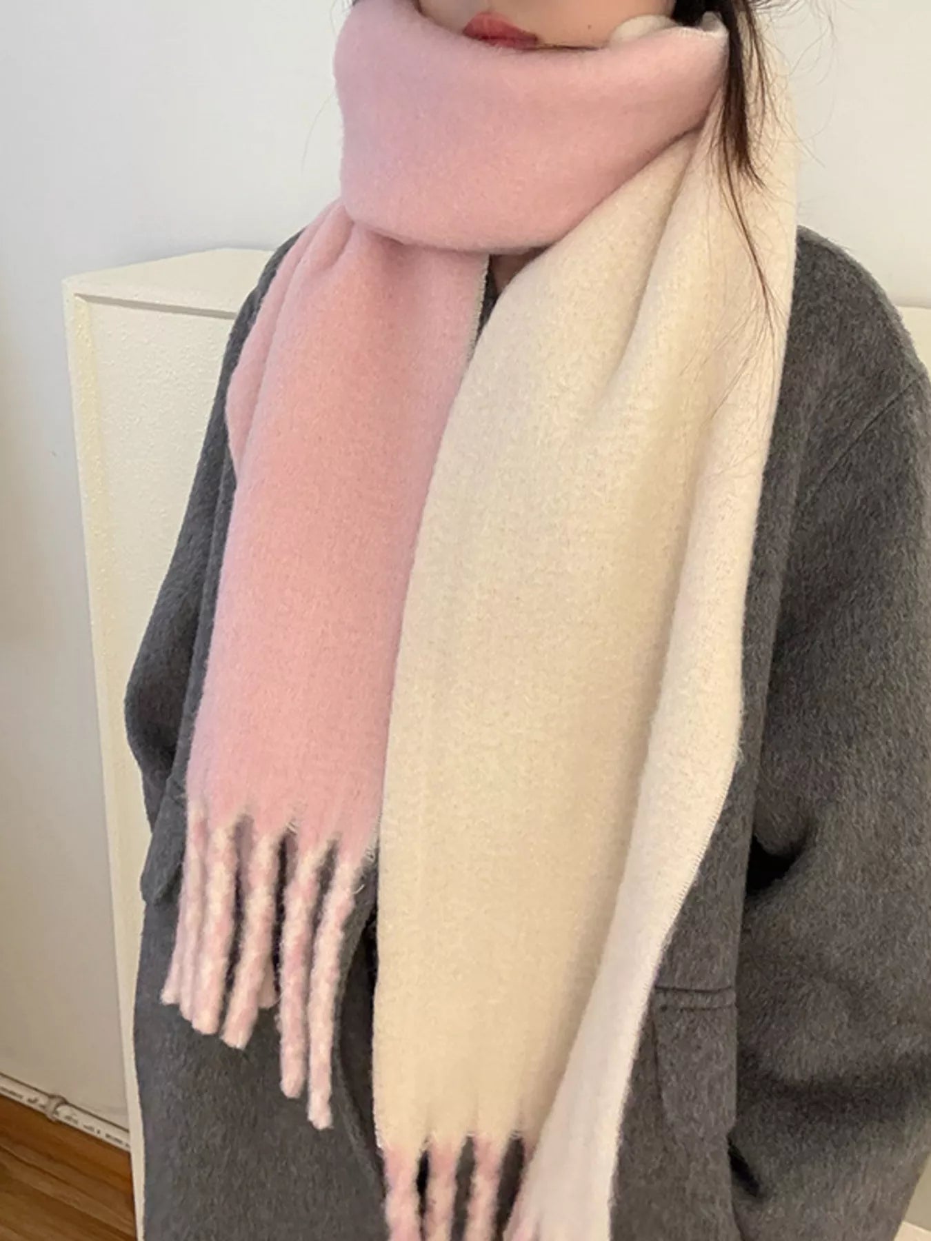 Color Block Fringe Winter Scarf - Pink One Size