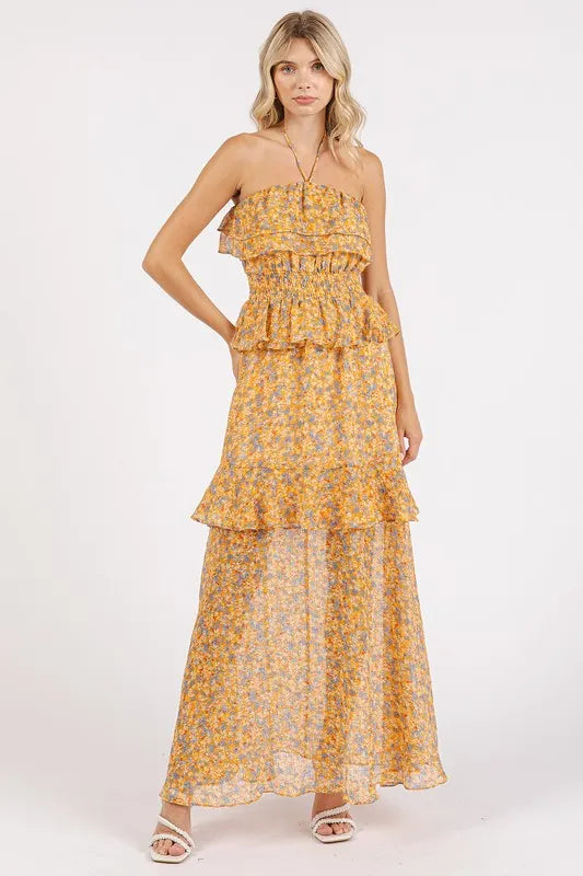 Ruffled Smocked Floral Halter Neck Maxi Dress - Tangerine