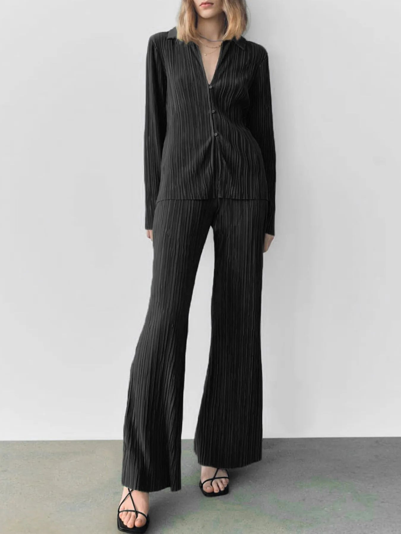 Texture Long Sleeve Top and Pants Lounge Set - Black
