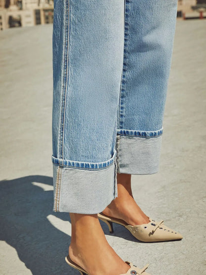 High Waisted Straight Leg Rolled Jeans -