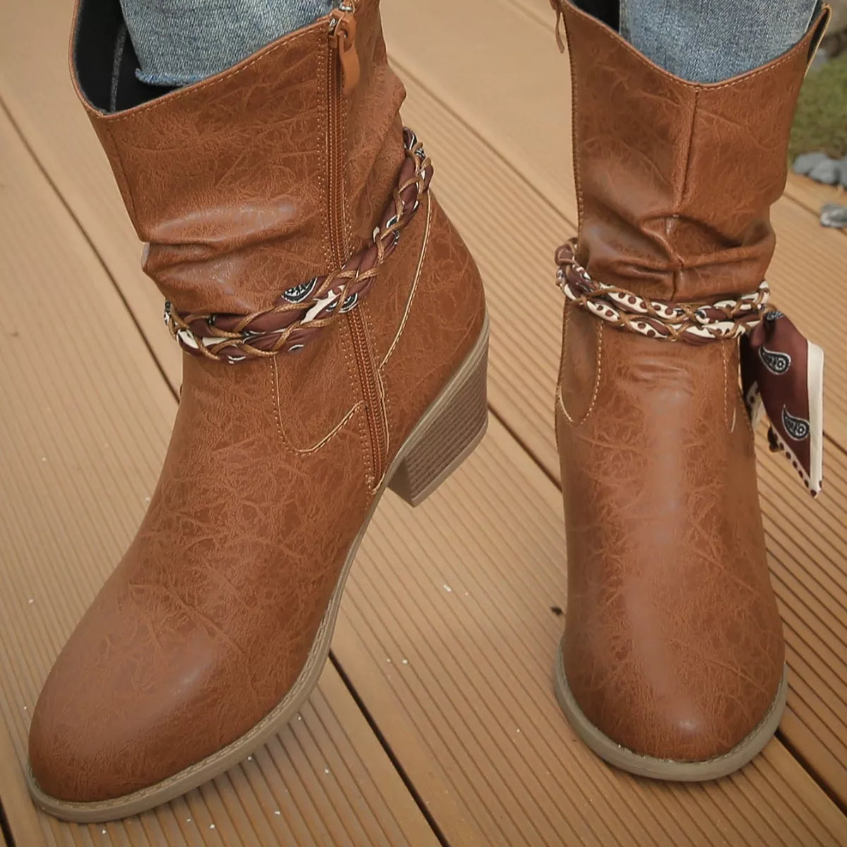 Braided Detail Western Boots - Light Brown