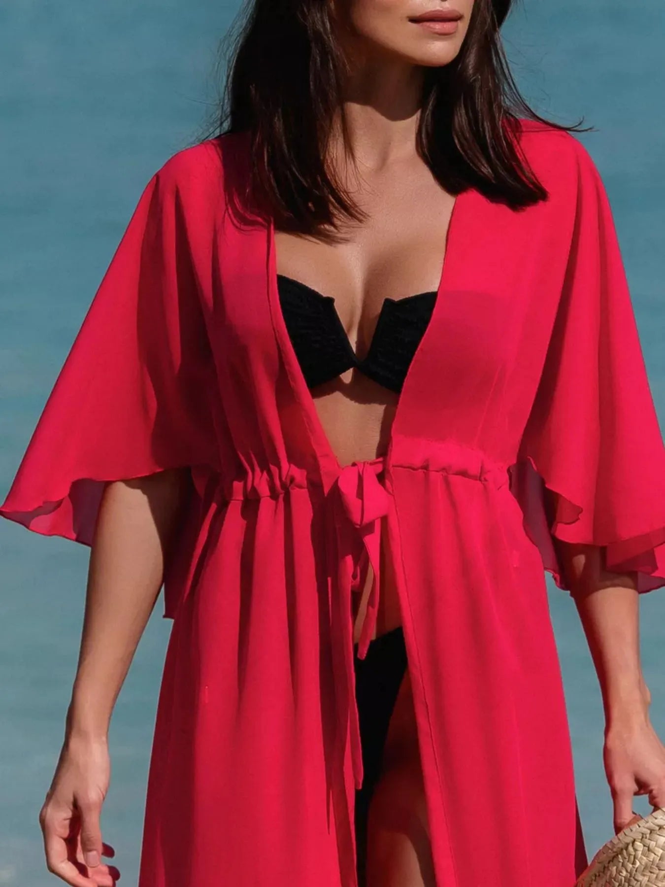 Solid Color Flutter Sleeve Cover-Up - Deep Red One Size