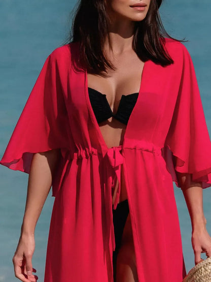 Solid Color Flutter Sleeve Cover-Up - Deep Red One Size