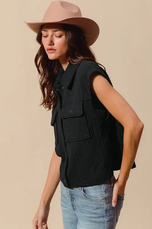 Cable Quilting Stitch Button Up Knit Vest - Black