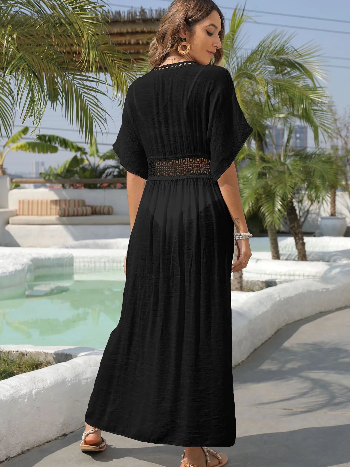 Lace Trim Plunging Beach Cover-Up Maxi Dress -
