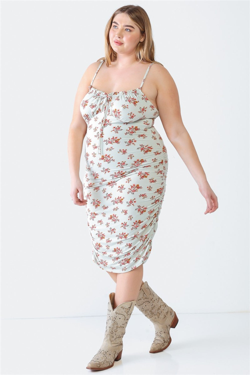 Plus Size Ruched Floral Square Neck Cami Dress - Sage