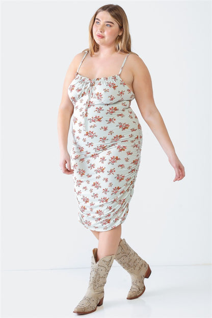 Plus Size Ruched Floral Square Neck Cami Dress - Sage