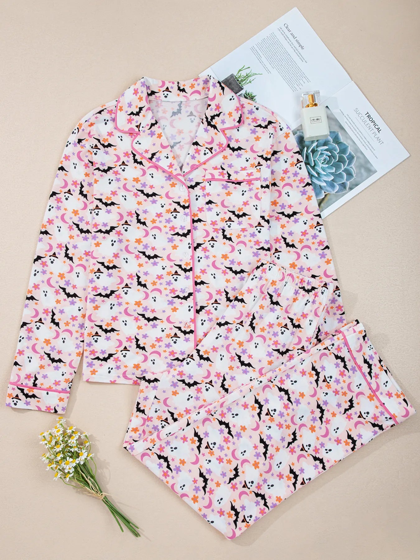 Ghost Print Button Up Top and Pants Lounge Set -