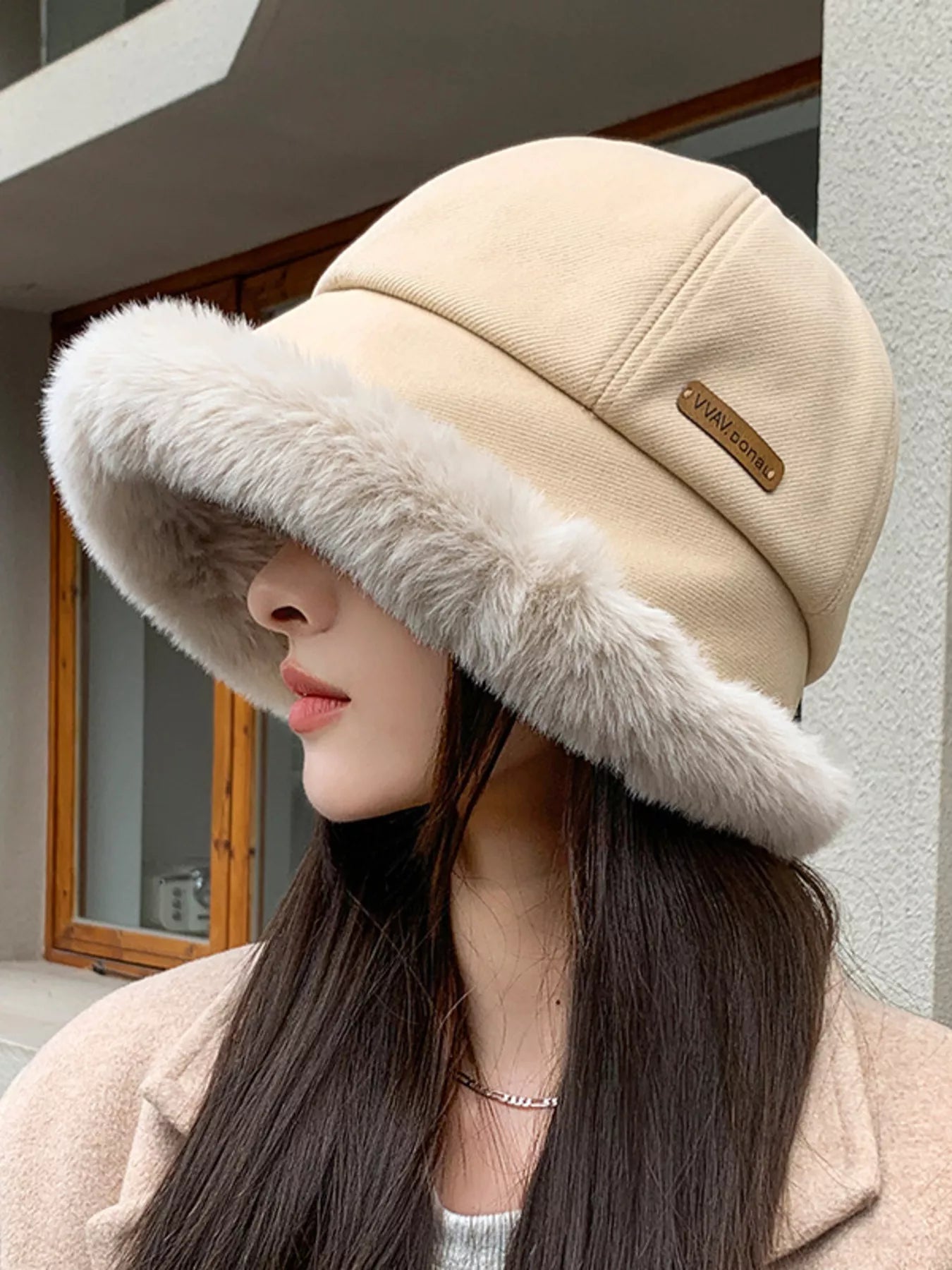 Fuzzy Trim Bucket Hat - Khaki One Size