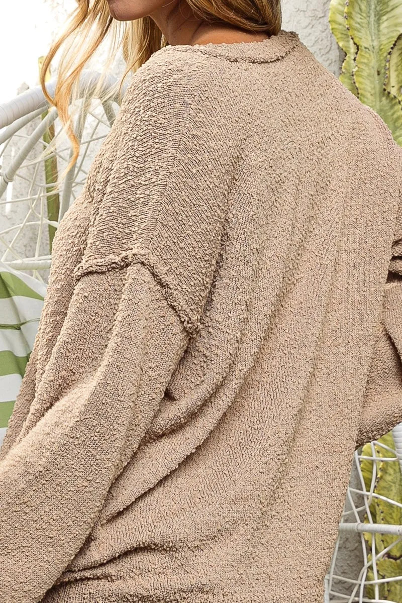 Raw Edged Popcorn Texture V-neck Sweater - Latte