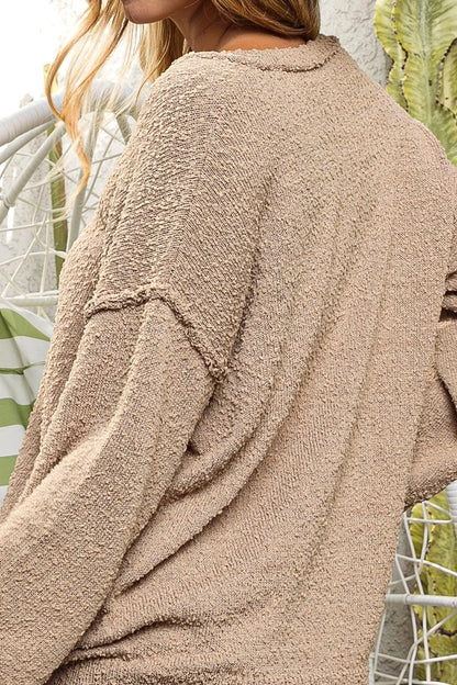 Raw Edged Popcorn Texture V-neck Sweater - Latte