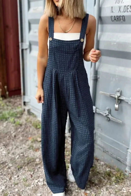 Plaid Wide Strap Wide Leg Overalls - Dark Blue