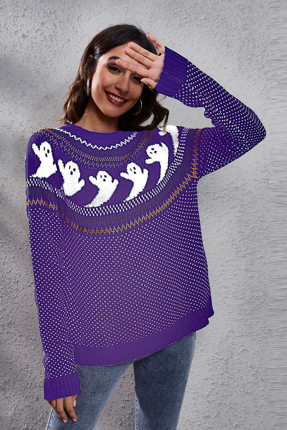 Ghost Pattern Round Neck Long Sleeve Sweater