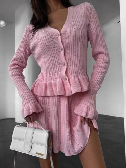 Ruffle Trim Knit Cardigan and Skirt Set - Blush Pink