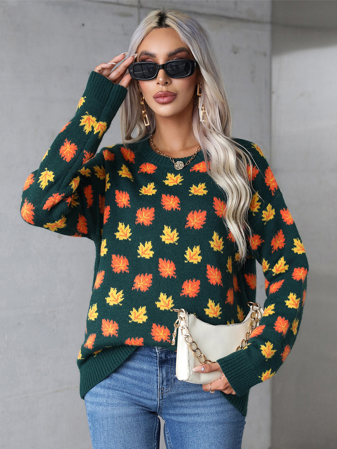 Maple Leaf Round Neck Long Sleeve Sweater -