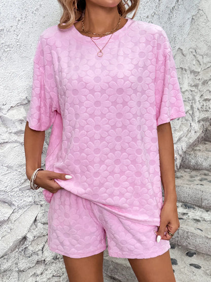 Flower Round Neck Top and Shorts Lounge Set -