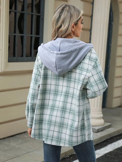 Drawstring Plaid Button Up Hooded Jacket -