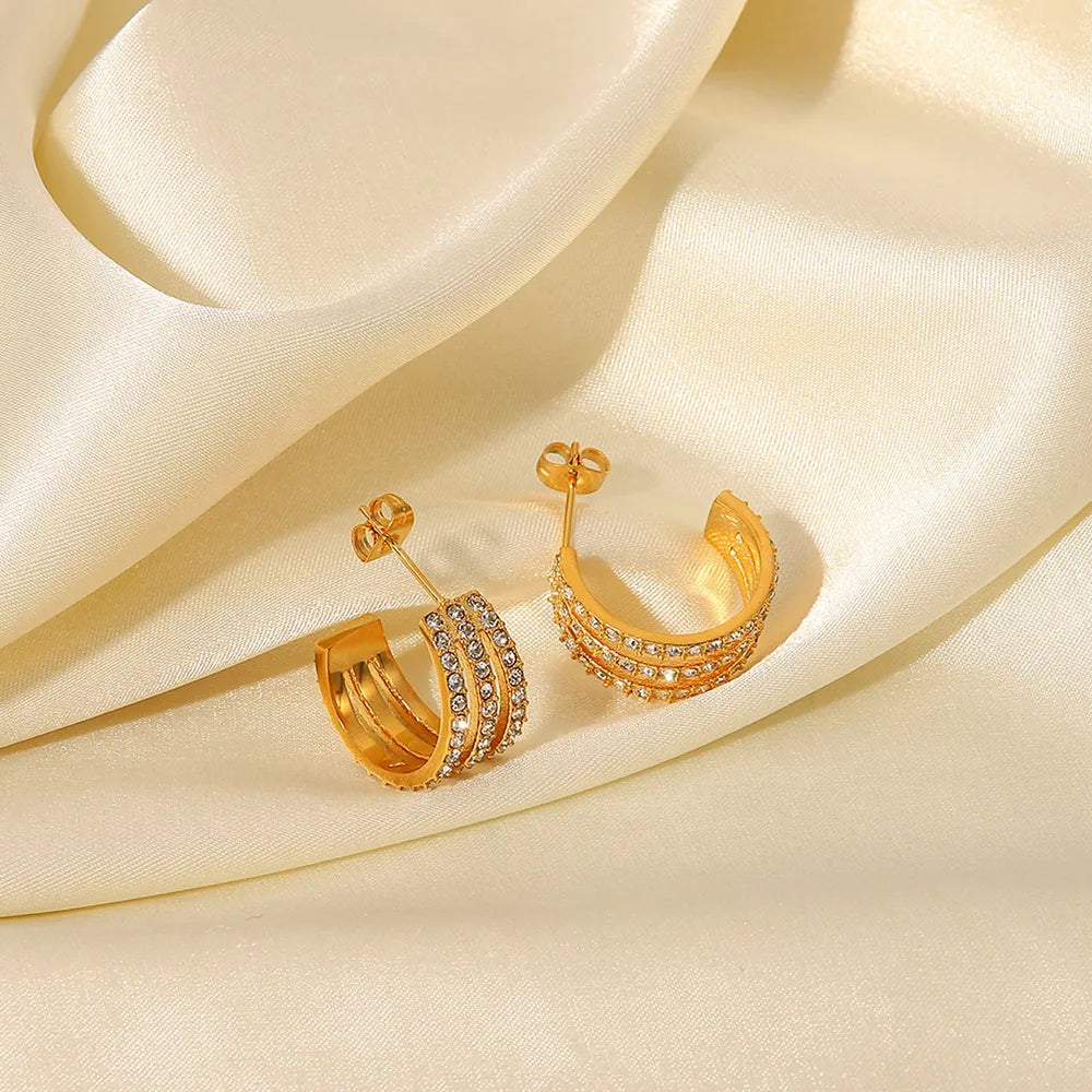 Stainless Steel Inlaid Zircon C-Hoop Earrings - Gold One Size