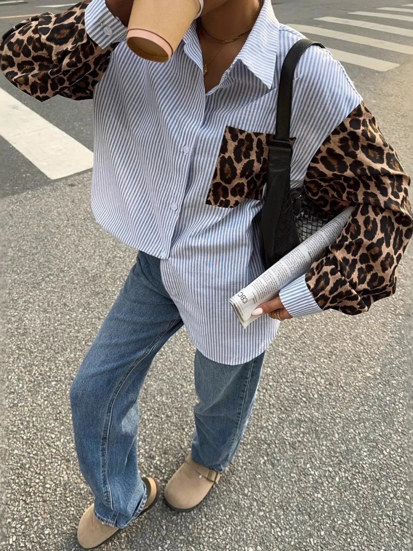 Leopard Print Sleeve Striped Button-Down Shirt - Multicolor