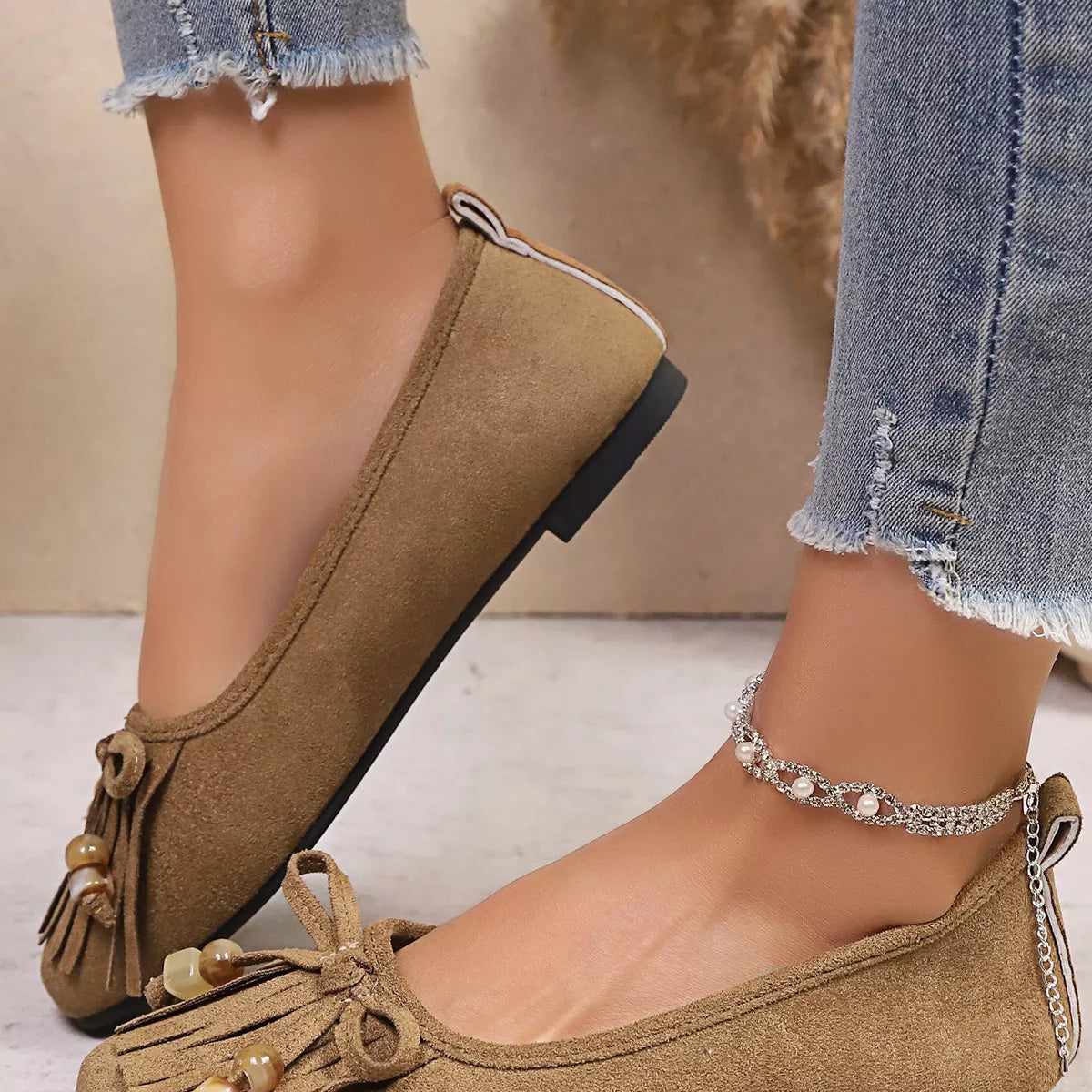 Suede Fringe Slip-Ons -