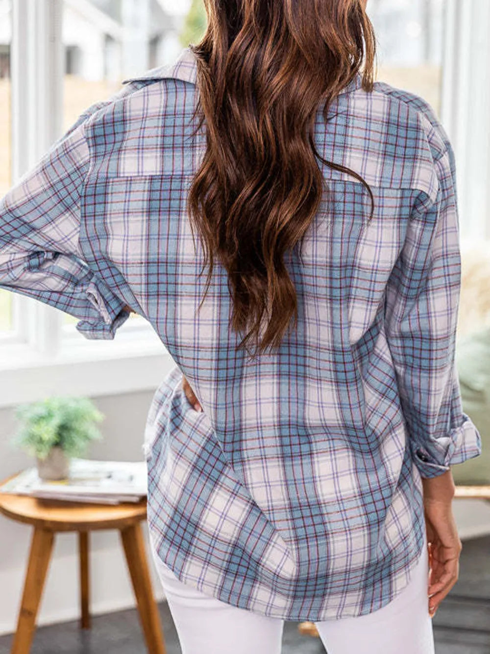 Plaid Collared Neck Long Sleeve Shirt - Light Blue