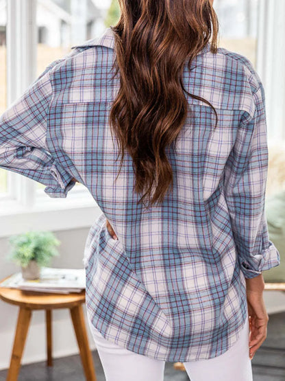 Plaid Collared Neck Long Sleeve Shirt - Light Blue