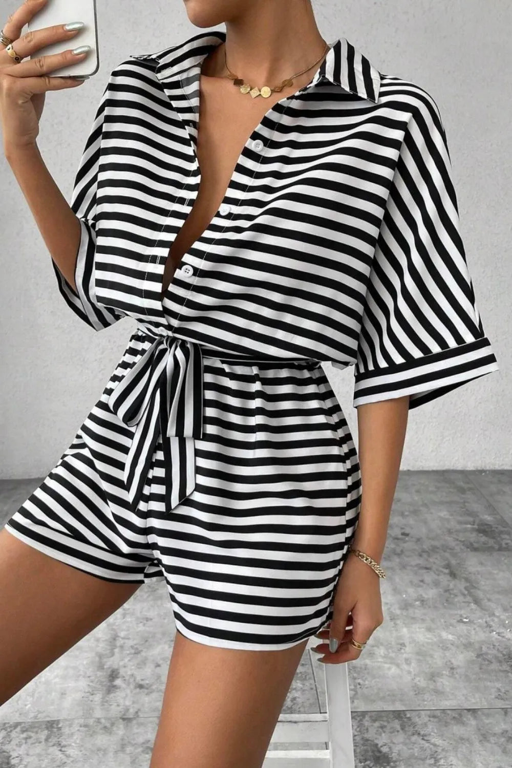 Collared Neck-Tie Waist Romper - Black
