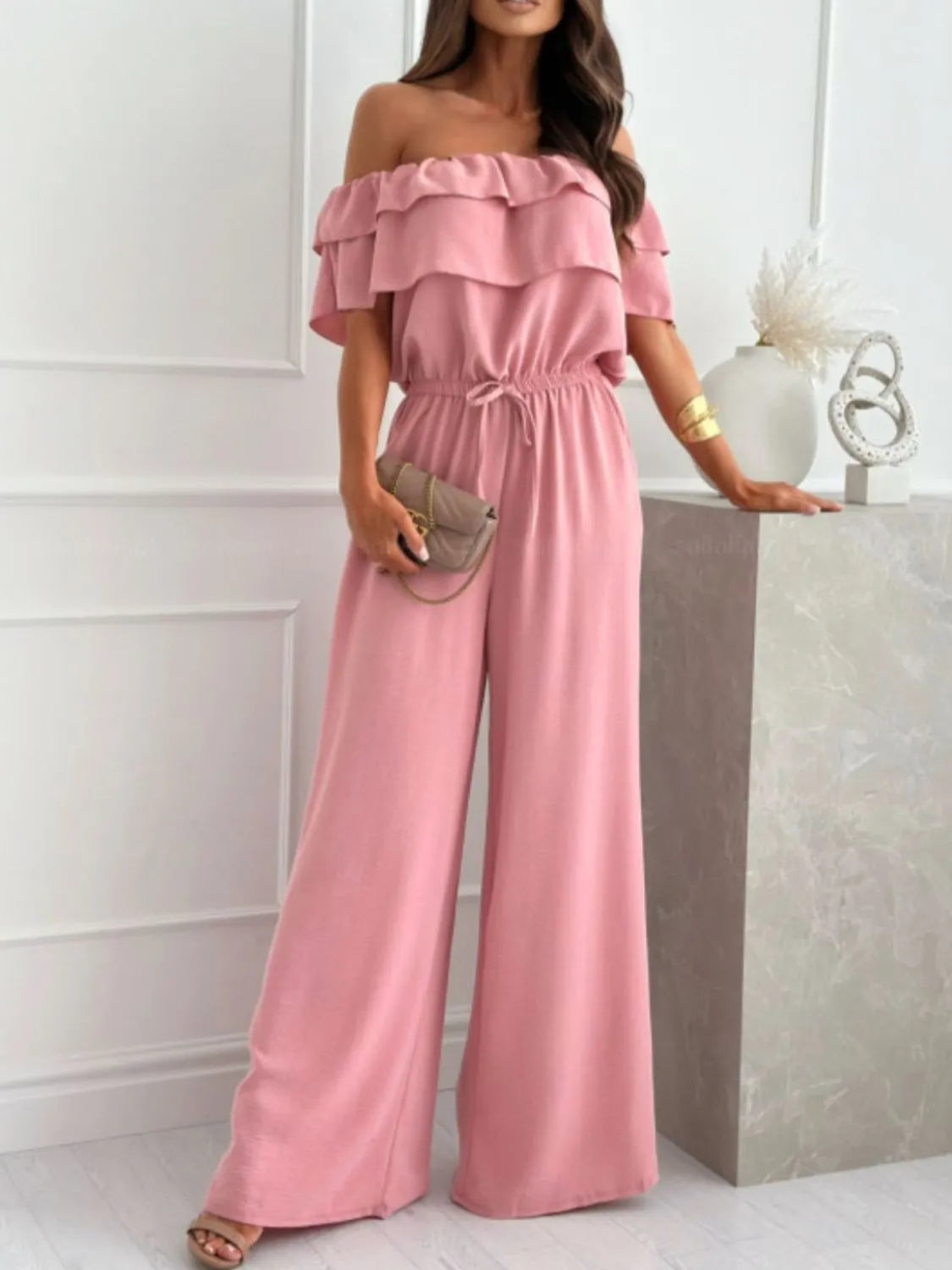 Off-Shoulder Ruffled Wide Leg Jumpsuit - Pink