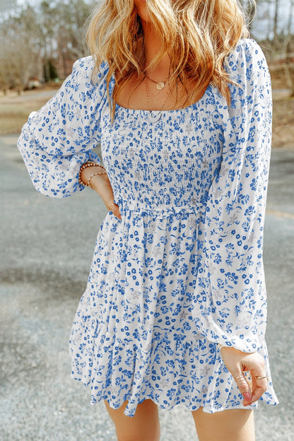 Smocked Floral Square Neck Balloon Sleeve Dress - Peacock Blue