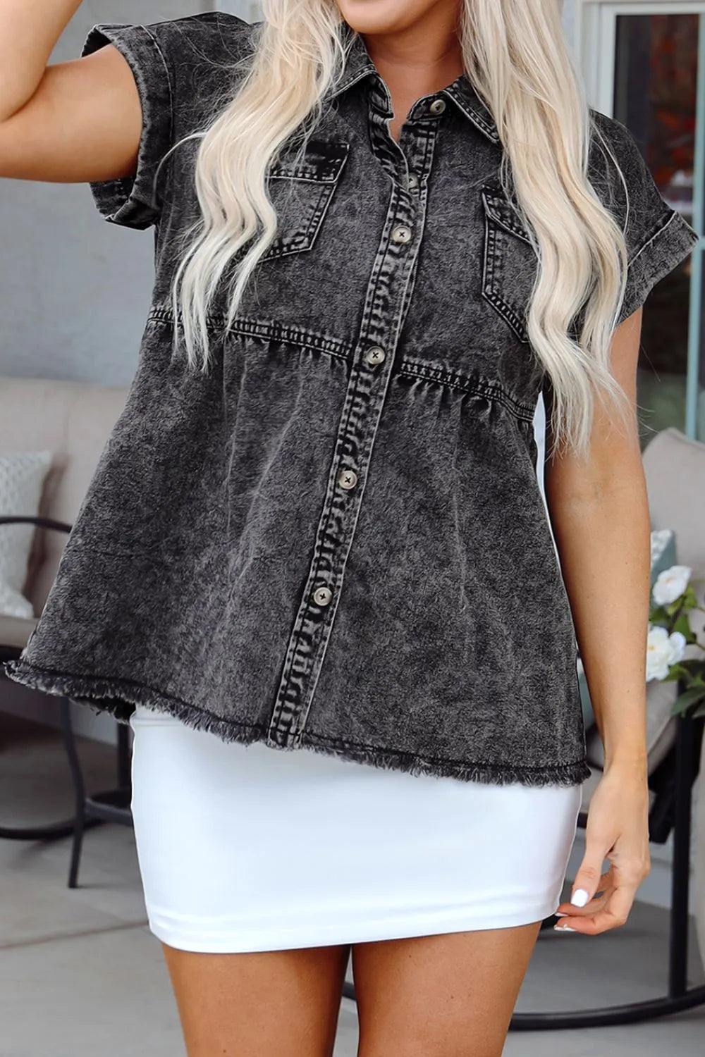 Flap Pocket Button Up Denim Shirt -