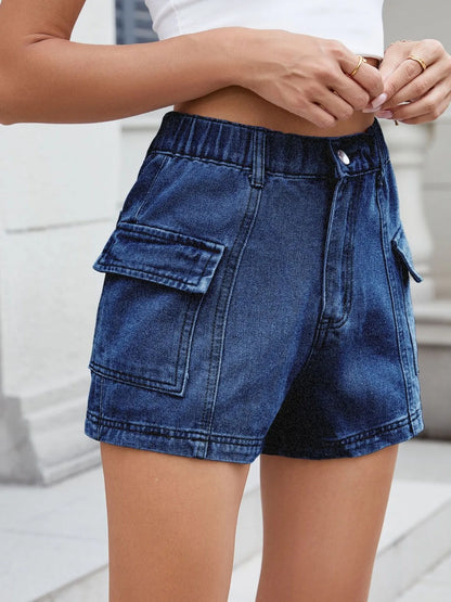 High Waist Cargo Denim Shorts -