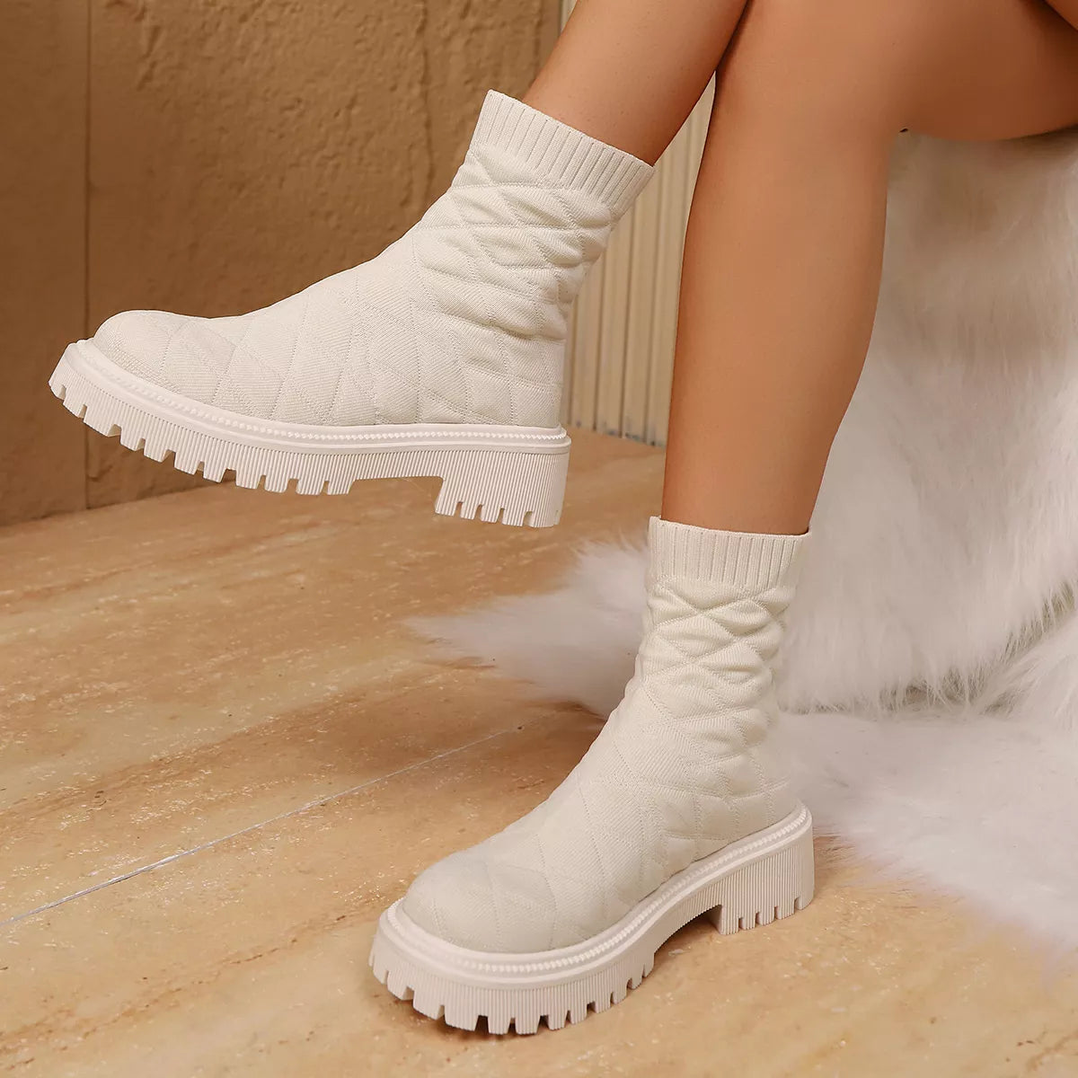 Round Toe Block Heels Boots - Beige