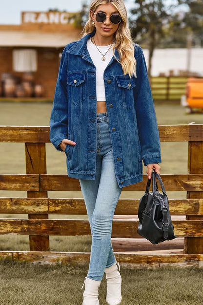 Buttoned Collared Neck Denim Jacket -