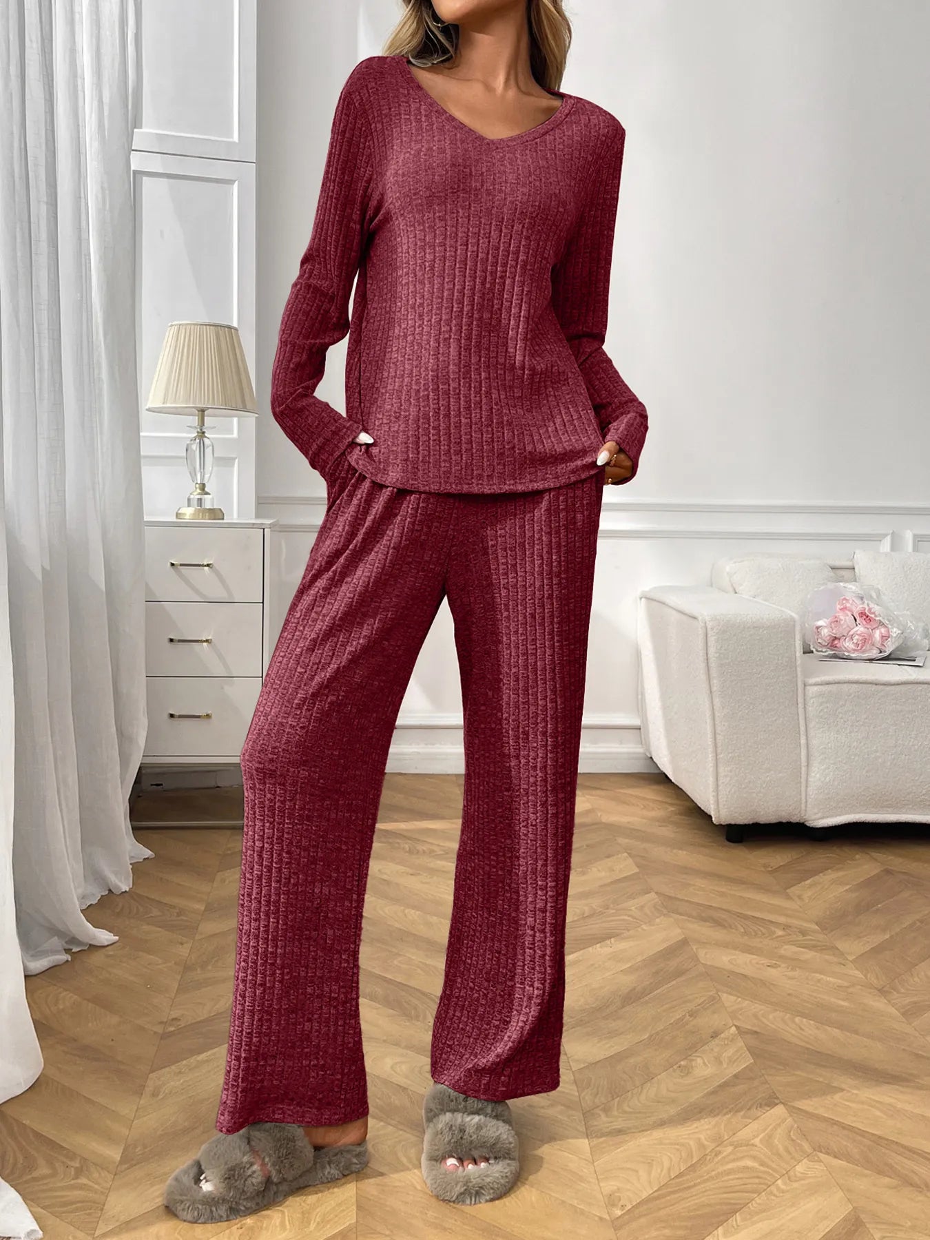 Ribbed Long Sleeve Top and Pants Lounge Set - Wine Red