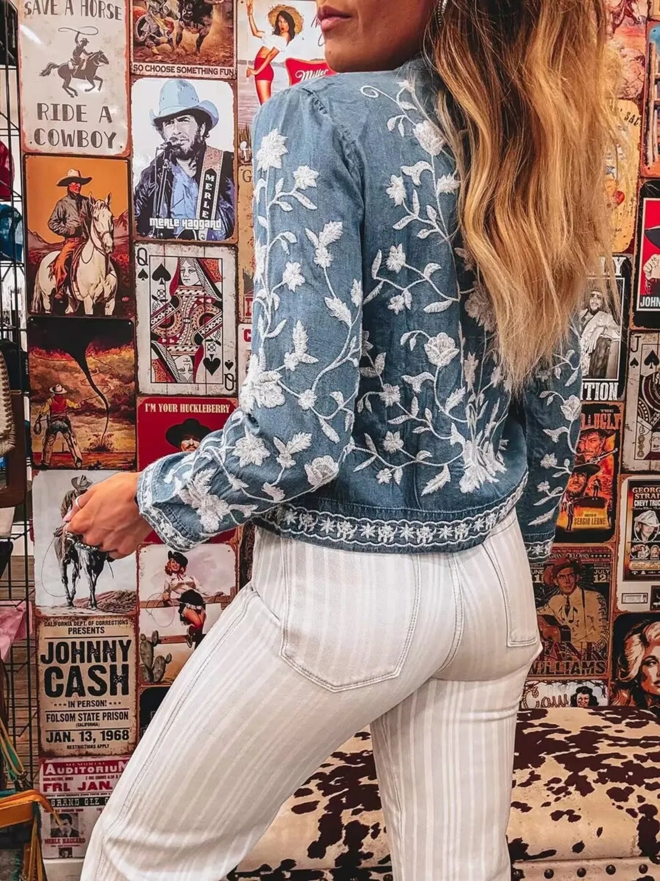 Floral Embroidered Button Up Denim Shirt -