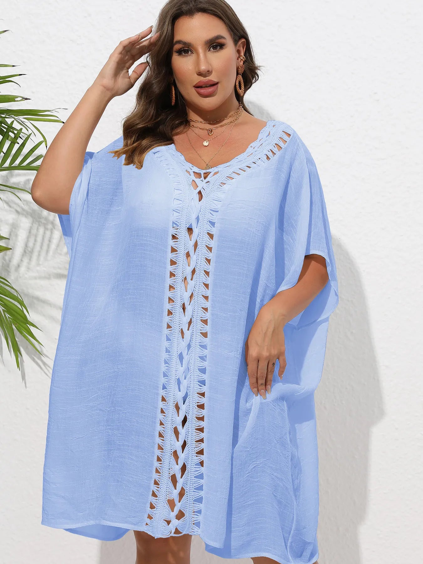Crochet Trim V-Neck Beach Cover-Up Dress - Sky Blue One Size