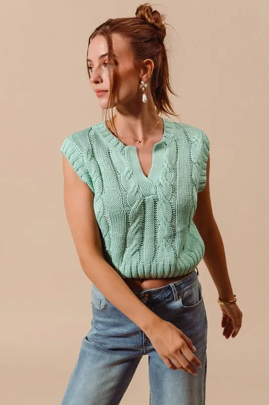 Notched Neck Cable Knit Sweater Vest - Dusty Sage