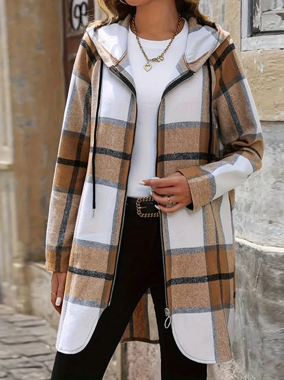 Drawstring Plaid Zip Up Hooded Outerwear - Camel