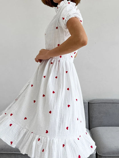 Heart Printed Off-Shoulder Ruffle Mini Dress -