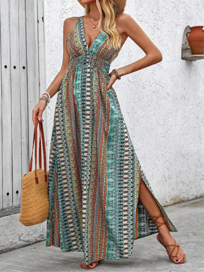 Tied Back Printed Sleeveless Maxi Slit Dress - Turquoise